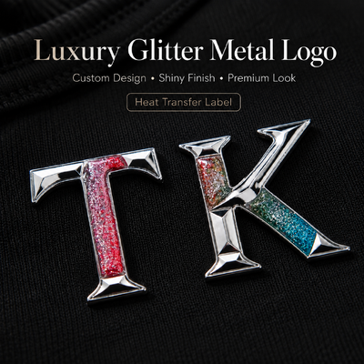 LABEL LOGO TRANSFER PANAS GLITTER METALIK 3D KUSTOM UNTUK PAKAIAN & PAKAIAN OLAHRAGA