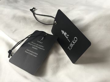 Kedua Side Silver Logo Art Paper Clothing Hang Tag Dengan Black Waxed Cord