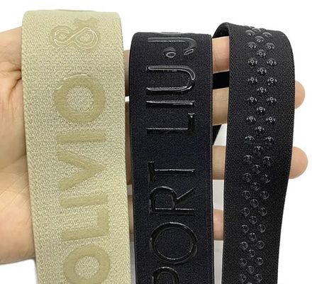 Custom 3D Logo Elastic Strap Glossy Matte Silicone Polyester Webbing Untuk Aksesoris Pakaian