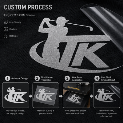 Label Transfer Panas Metalik Kustom Logo Golf Transfer untuk Pakaian Olahraga Pakaian Jalan Kemeja Polo Jaket OEM ODM Ramah Lingkungan Buatan Kustom