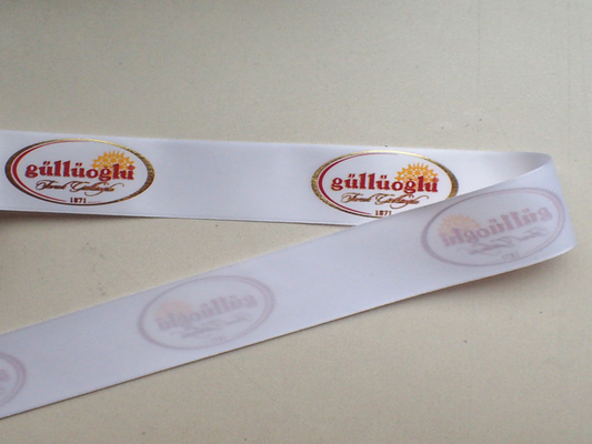 Pita Kain Poliester Anyaman Garmen Dengan Logo Sablon Sutra